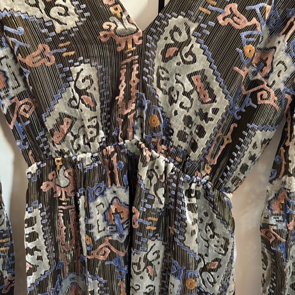 TOPSHOP Fairy Women Size 2 Floral Velvet 70s Style Front Slits Midi Dress Gold - Picture 3 of 14
